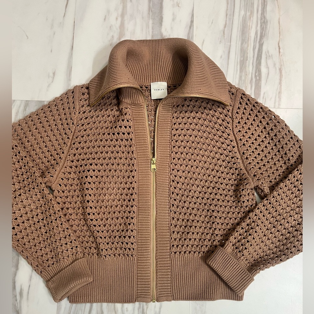 Varley Eloise Brown Open Knit Zip-Up Cardigan Medium